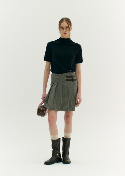 BUCKLE PLEATS WRAP SKIRT (check brown)